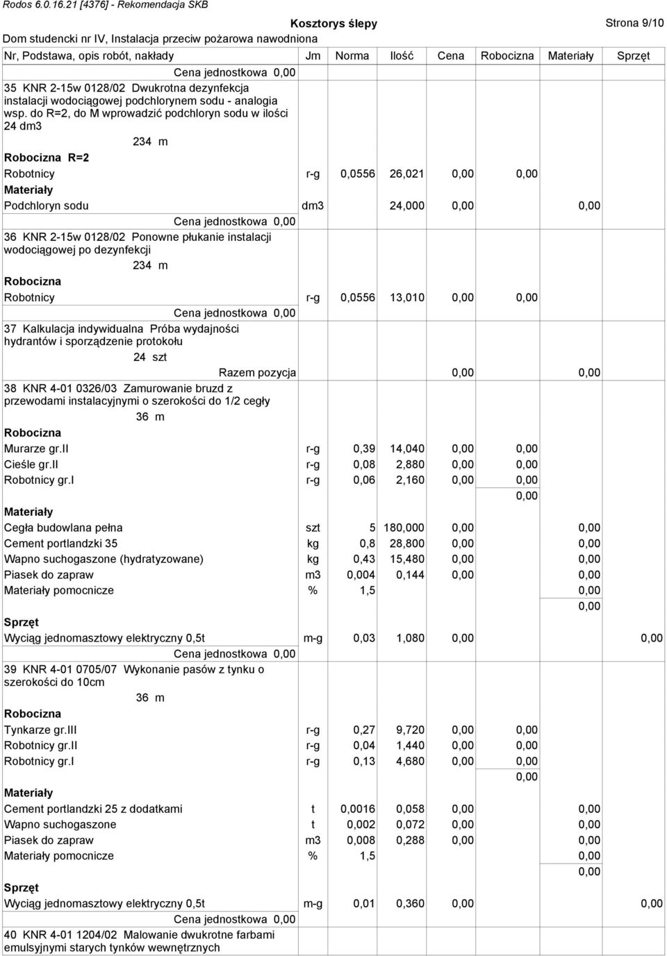 po dezynfekcji 234 m Robotnicy r-g 0,0556 13,010 Cena jednostkowa 37 Kalkulacja indywidualna Próba wydajności hydrantów i sporządzenie protokołu Razem pozycja 38 KNR 4-01 0326/03 Zamurowanie bruzd z