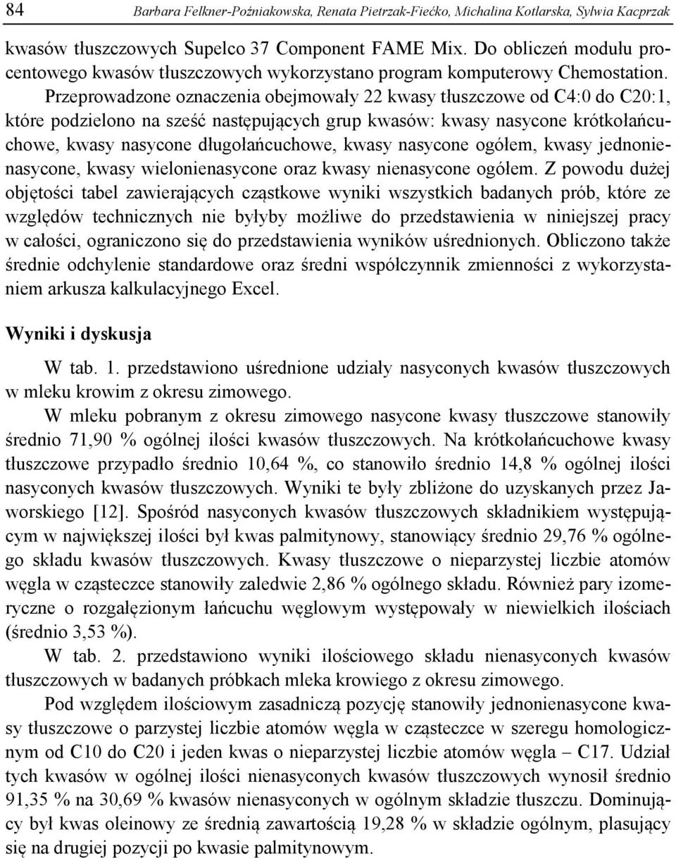 Przeprowadzone oznaczenia obejmowały 22 kwasy tłuszczowe od C4:0 do C20:1, które podzielono na sześć następujących grup kwasów: kwasy nasycone krótkołańcuchowe, kwasy nasycone długołańcuchowe, kwasy