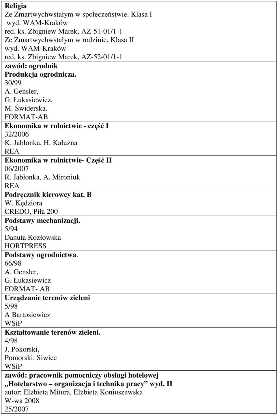 Mironiuk Podręcznik kierowcy kat. B Podstawy mechanizacji. 5/94 Danuta Kozłowska Podstawy ogrodnictwa. 66/98 G.