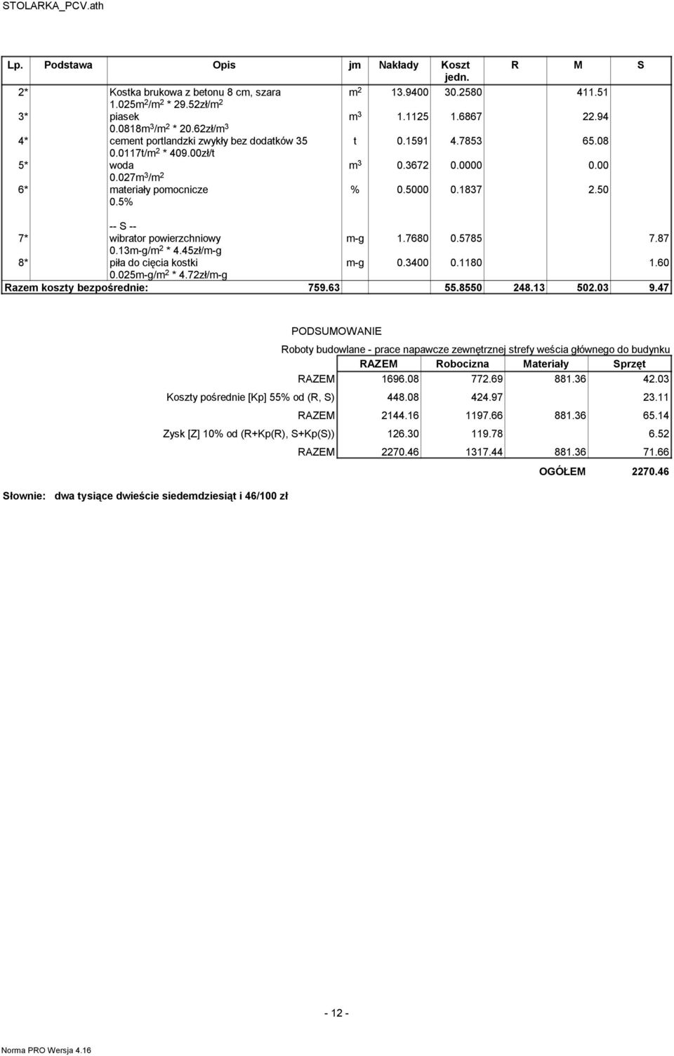 50 7* wibrator powierzchniowy m-g 1.7680 0.5785 7.87 0.13m-g/ * 4.45zł/m-g 8* piła do cięcia kostki m-g 0.3400 0.1180 1.60 0.025m-g/ * 4.72zł/m-g Razem koszty bezpośrednie: 759.63 55.8550 248.13 502.