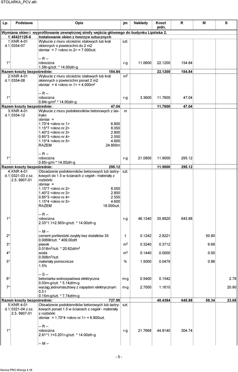 R M S r-g 11.0600 22.1200 154.84 1.58r-g/szt. * 14.00zł/r-g Razem koszty bezpośrednie: 154.84 22.1200 154.84 2 KNR 4-01 d.