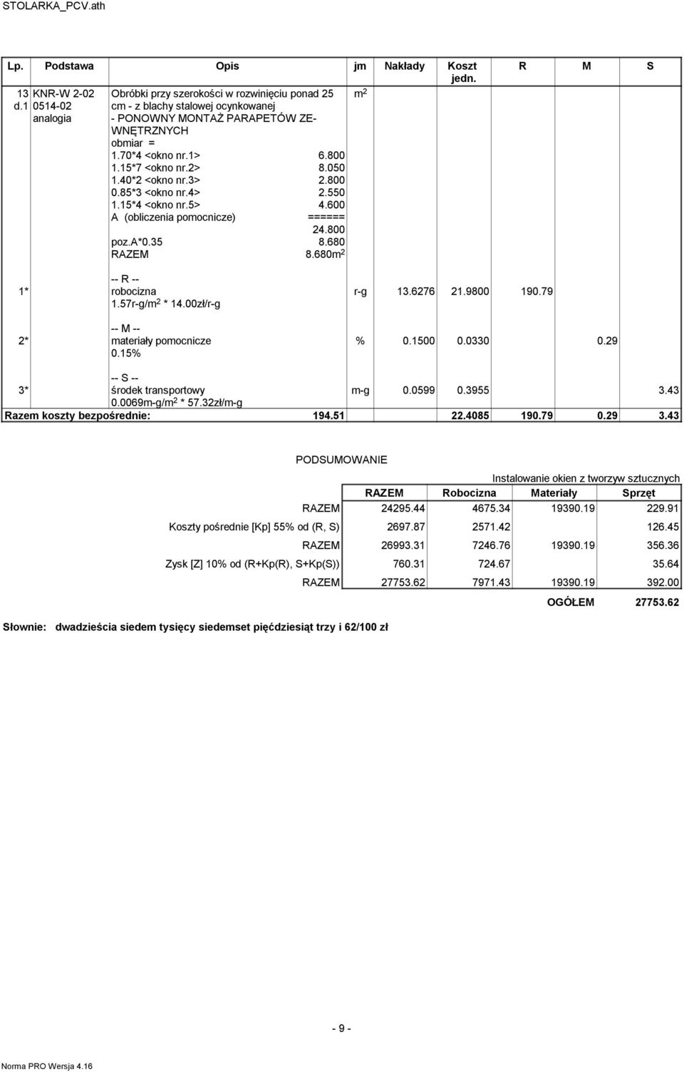 050 1.40*2 <okno nr.3> 2.800 0.85*3 <okno nr.4> 2.550 1.15*4 <okno nr.5> 4.600 A (obliczenia pomocnicze) ====== 24.800 poz.a*0.35 8.680 RAZEM 8.680 R M S 1.57r-g/ * 14.