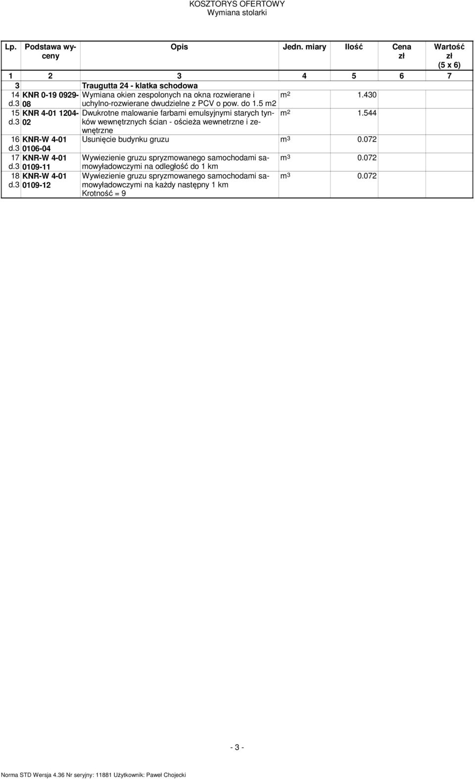 5 m2 15 KNR 4-01 1204- Dwukrotne malowanie farbami emulsyjnymi starych tynków m 2 1.544 d.