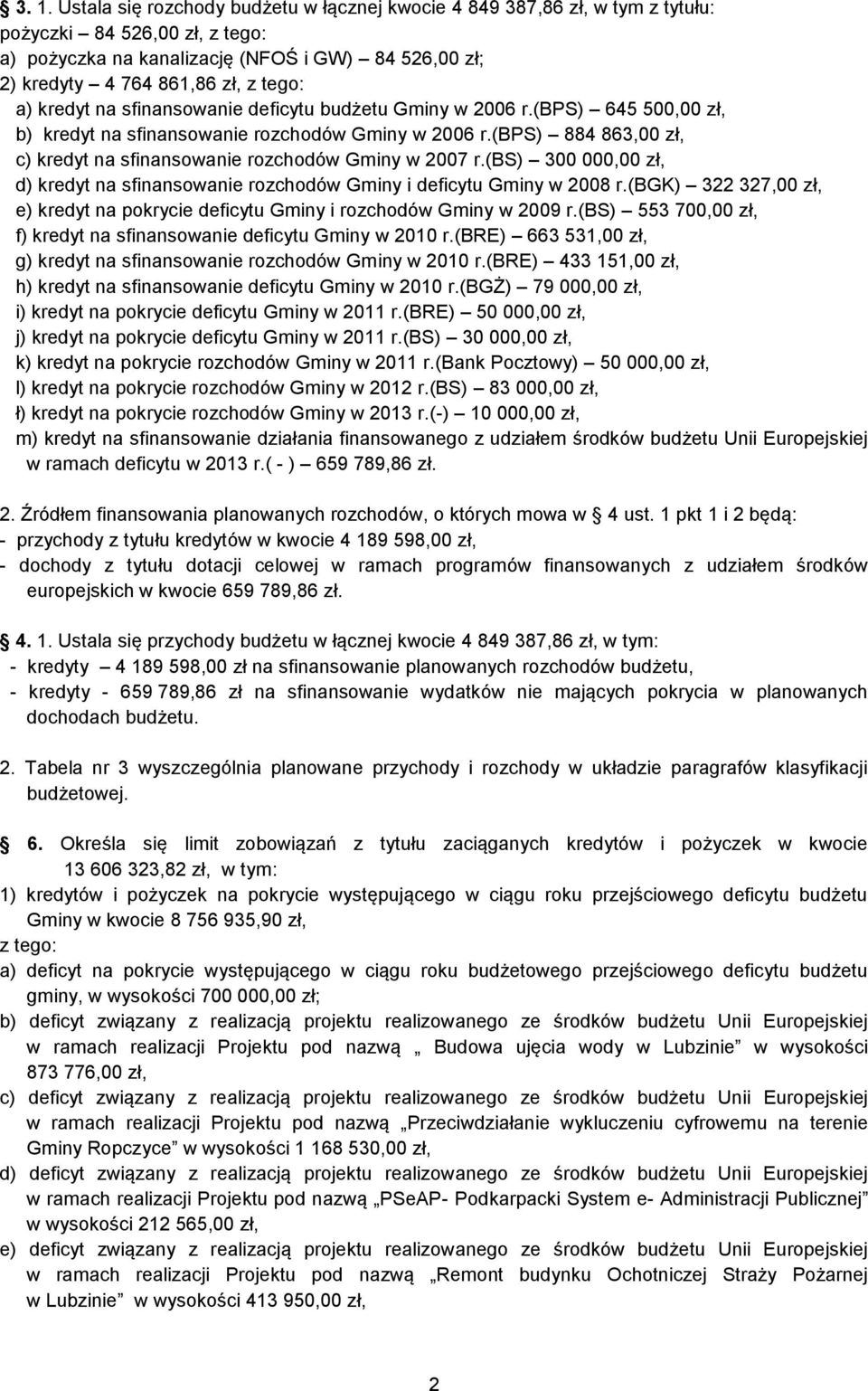 (bps) 884 863,00 zł, c) kredyt na sfinansowanie rozchodów Gminy w 2007 r.(bs) 300 000,00 zł, d) kredyt na sfinansowanie rozchodów Gminy i deficytu Gminy w 2008 r.