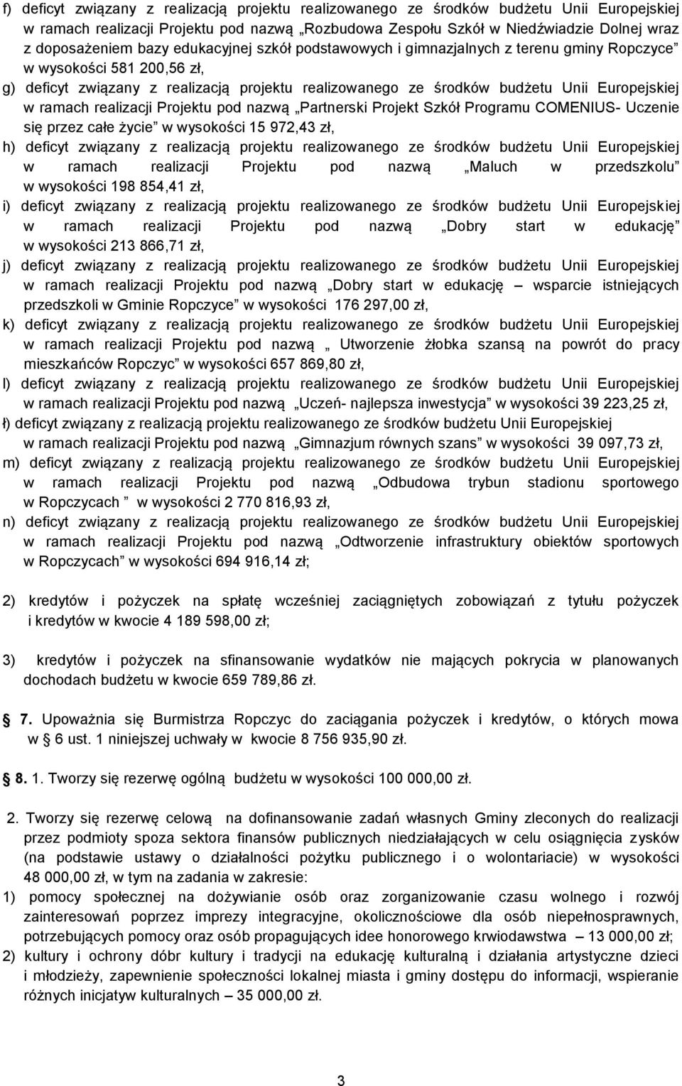 ramach realizacji Projektu pod nazwą Partnerski Projekt Szkół Programu COMENIUS- Uczenie się przez całe życie w wysokości 15 972,43 zł, h) deficyt związany z realizacją projektu realizowanego ze