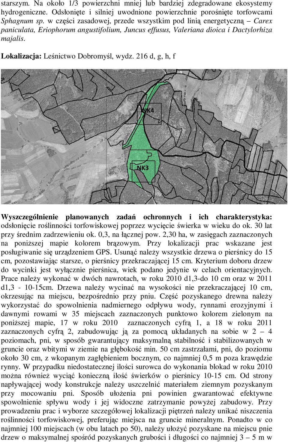 216 d, g, h, f NK4 NK3 Wyszczególnienie planowanych zadań ochronnych i ich charakterystyka: odsłonięcie roślinności torfowiskowej poprzez wycięcie świerka w wieku do ok.