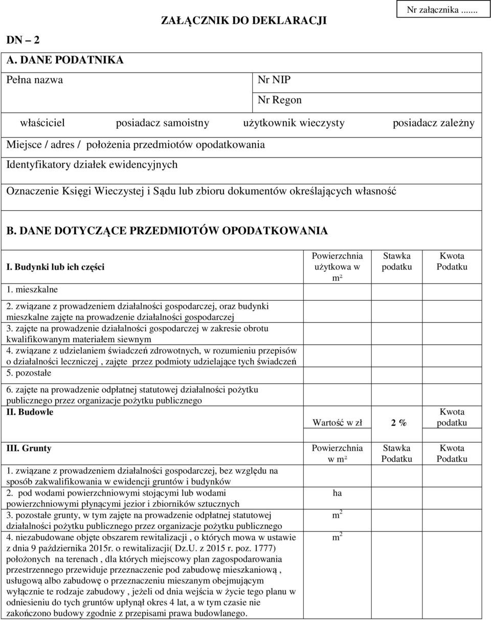 lub zbioru dokumentów określających własność B. DANE DOTYCZĄCE PRZEDMIOTÓW OPODATKOWANIA I. Budynki lub ich części 1. mieszkalne 2.