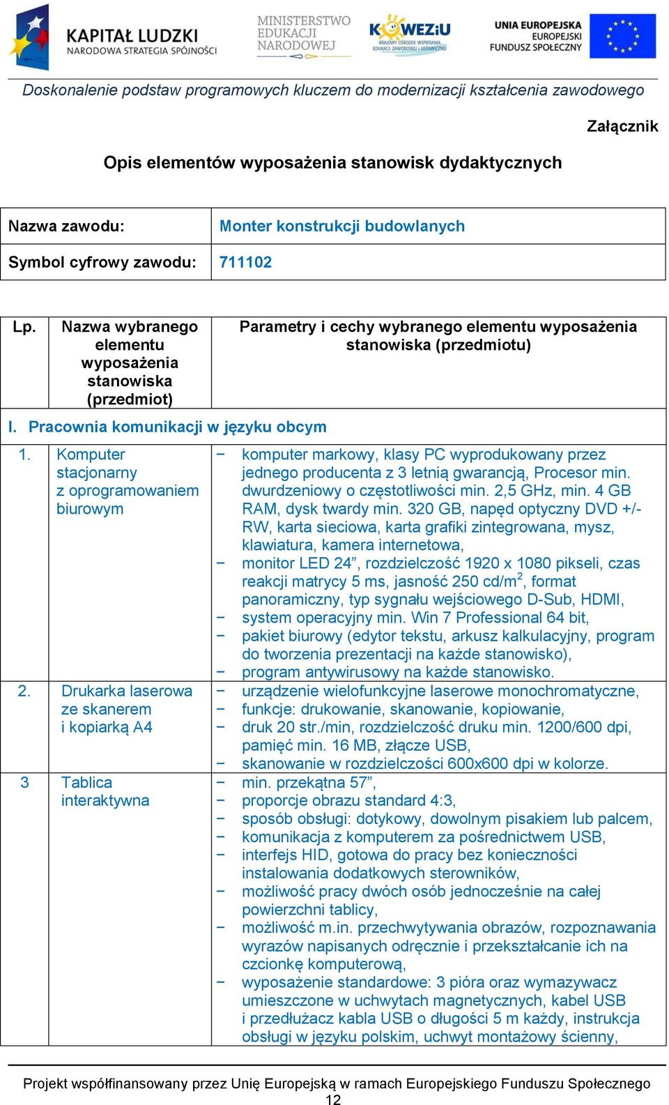 Drukarka laserowa ze skanerem i kopiarką A4 3 Tablica interaktywna Parametry i cechy wybranego elementu wyposażenia stanowiska (przedmiotu) komputer markowy, klasy PC wyprodukowany przez jednego