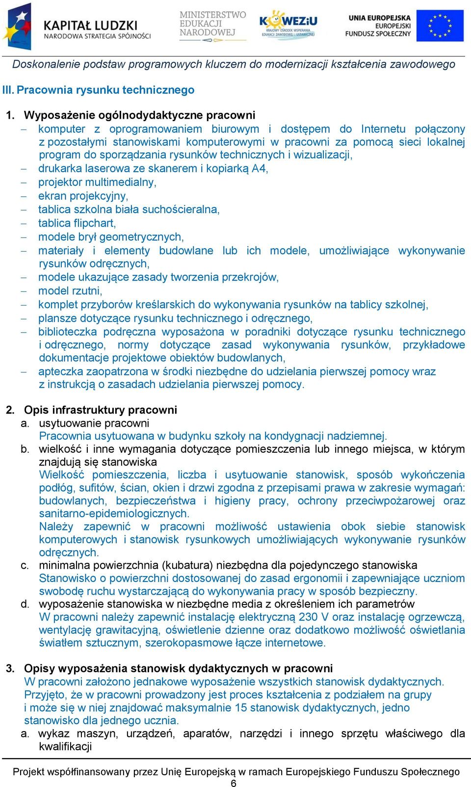 sporządzania rysunków technicznych i wizualizacji, drukarka laserowa ze skanerem i kopiarką A4, projektor multimedialny, ekran projekcyjny, tablica szkolna biała suchościeralna, tablica flipchart,