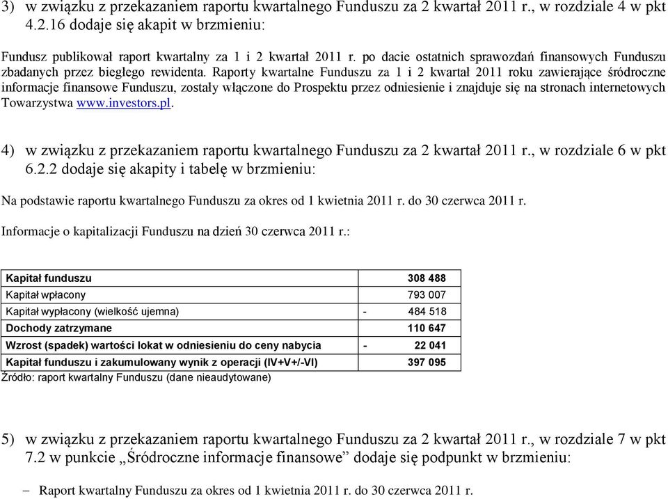 Raporty kwartalne Funduszu za 1 i 2 kwartał 2011 roku zawierające śródroczne informacje finansowe Funduszu, zostały włączone do Prospektu przez odniesienie i znajduje się na stronach internetowych