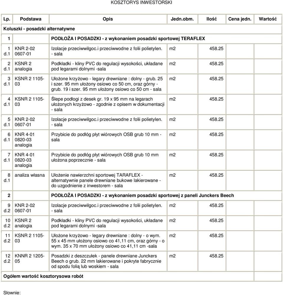 Podkładki - kliny PVC do regulacji wysokości, układane pod legarami dolnymi -sala UłoŜone krzyŝowo - legary drewniane : dolny - grub. 25 i szer. 95 mm ułoŝony osiowo co 50 cm, oraz górny - grub.