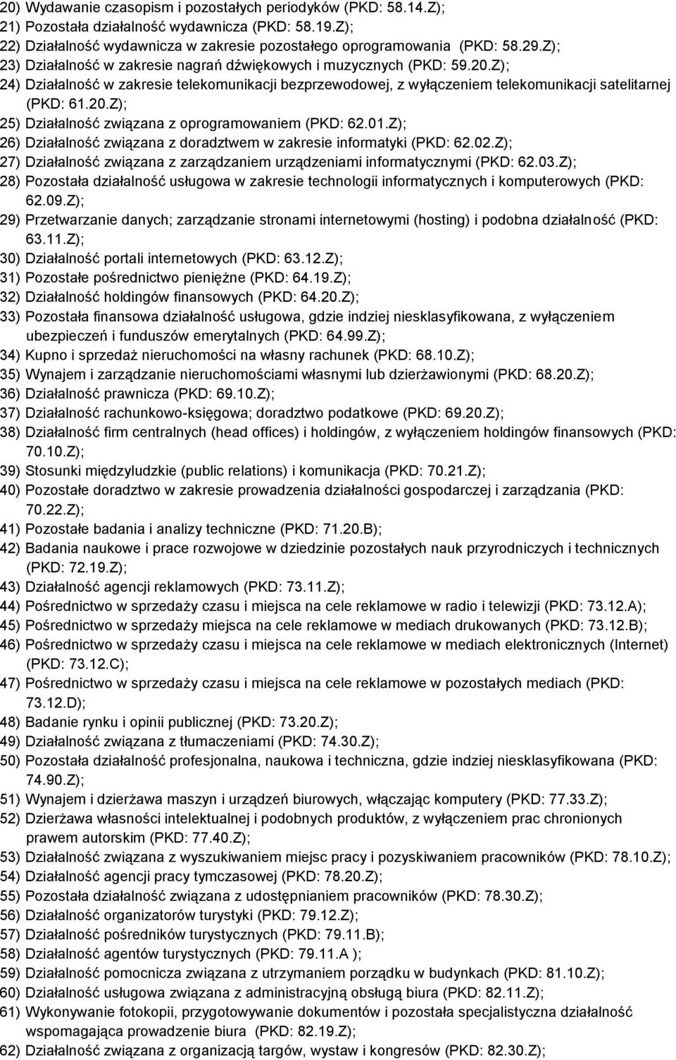 01.Z); 26) Działalność związana z doradztwem w zakresie informatyki (PKD: 62.02.Z); 27) Działalność związana z zarządzaniem urządzeniami informatycznymi (PKD: 62.03.