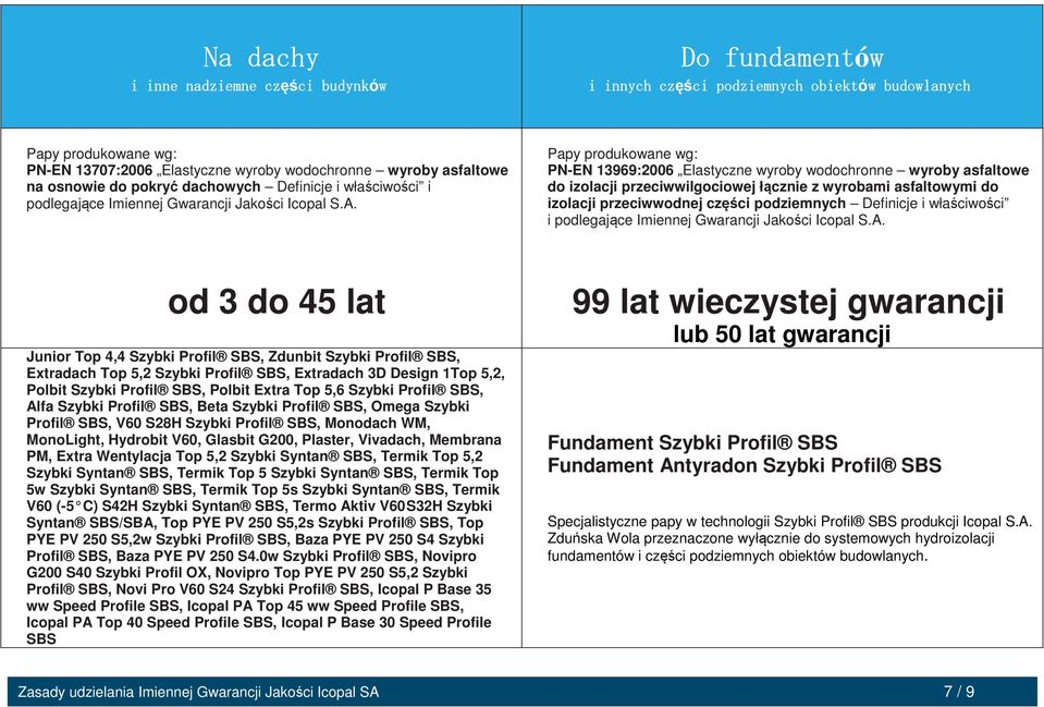 Papy produkowane wg: PN-EN 13969:2006 Elastyczne wyroby wodochronne wyroby asfaltowe do izolacji przeciwwilgociowej łącznie z wyrobami asfaltowymi do izolacji przeciwwodnej części podziemnych