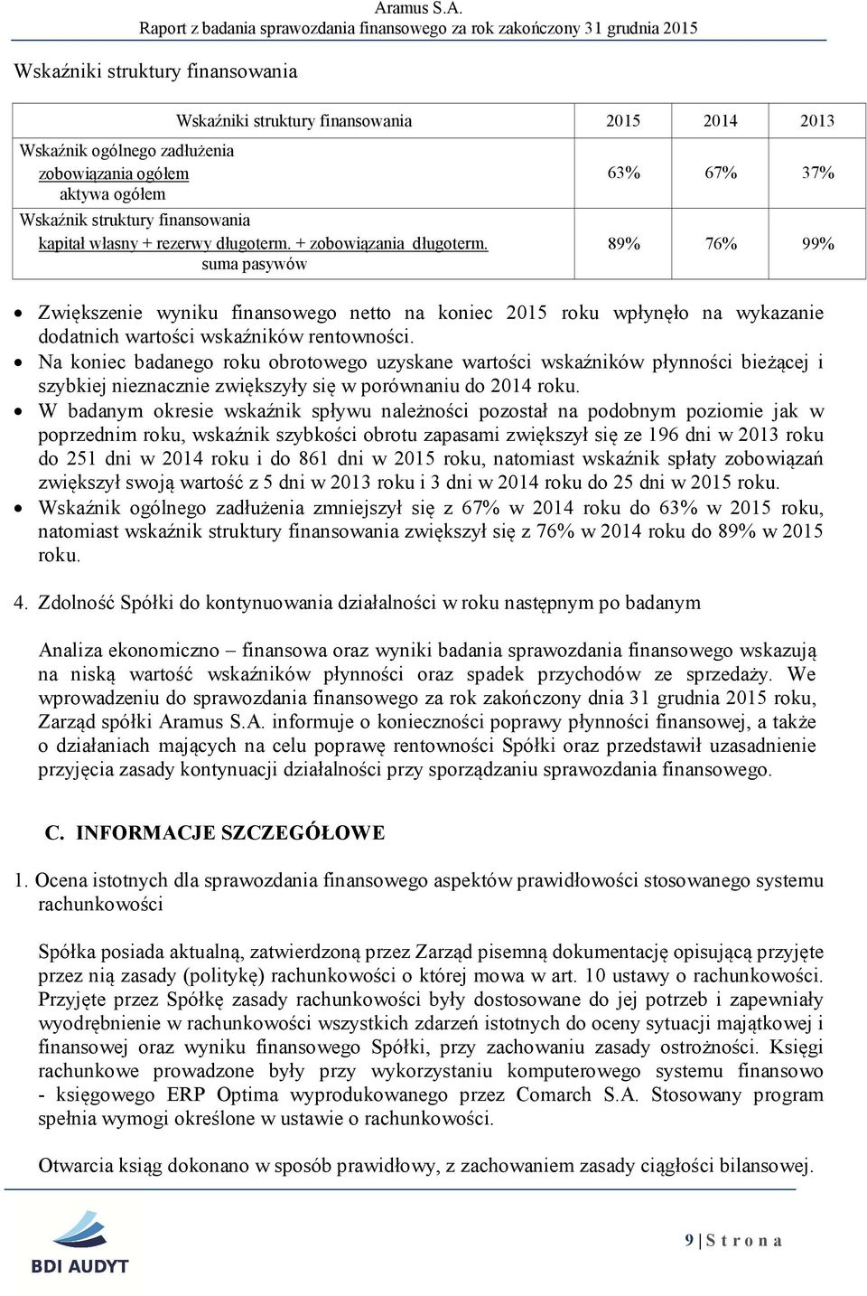 Na koniec badanego roku obrotowego uzyskane wartości wskaźników płynności bież cej i szybkiej nieznacznie zwiększyły się w porównaniu do 2014 roku.