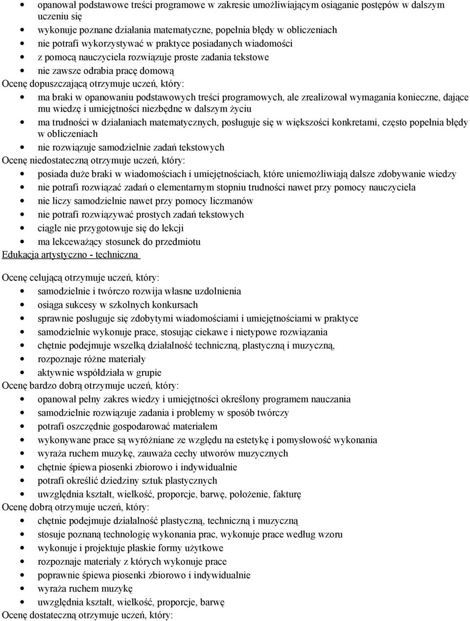 zrealizował wymagania konieczne, dające mu wiedzę i umiejętności niezbędne w dalszym życiu ma trudności w działaniach matematycznych, posługuje się w większości konkretami, często popełnia błędy w