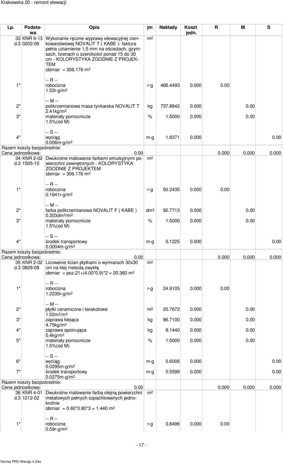 000 0.00 4* wyciąg 0.006-g/ 34 KNR 2-02 1505-10 Dwukrotne alowanie farbai eulsyjnyi powierzchni zewnętrznych - KOLORYSTYKA ZGODNIE Z PROJEKTEM obiar = 306.176 0.1641r-g/ r-g 50.2435 0.000 0.00 d 3 92.