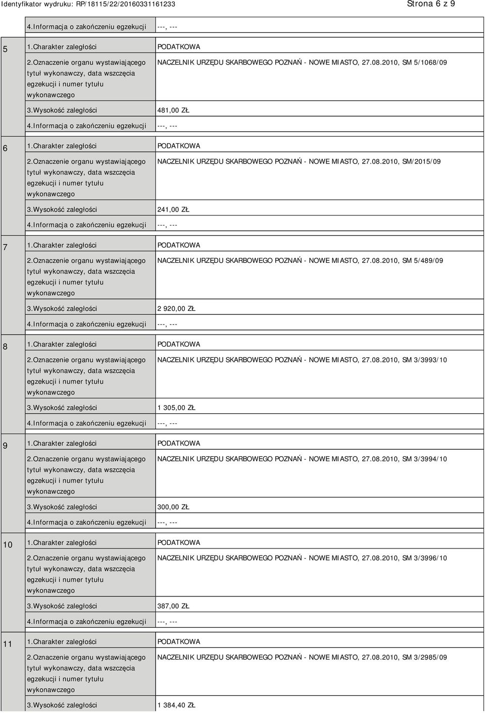 Charakter zaległości PODATKOWA NACZELNIK URZĘDU SKARBOWEGO POZNAŃ - NOWE MIASTO, 27.08.2010, SM 5/489/09 2 920,00 ZŁ 8 1.