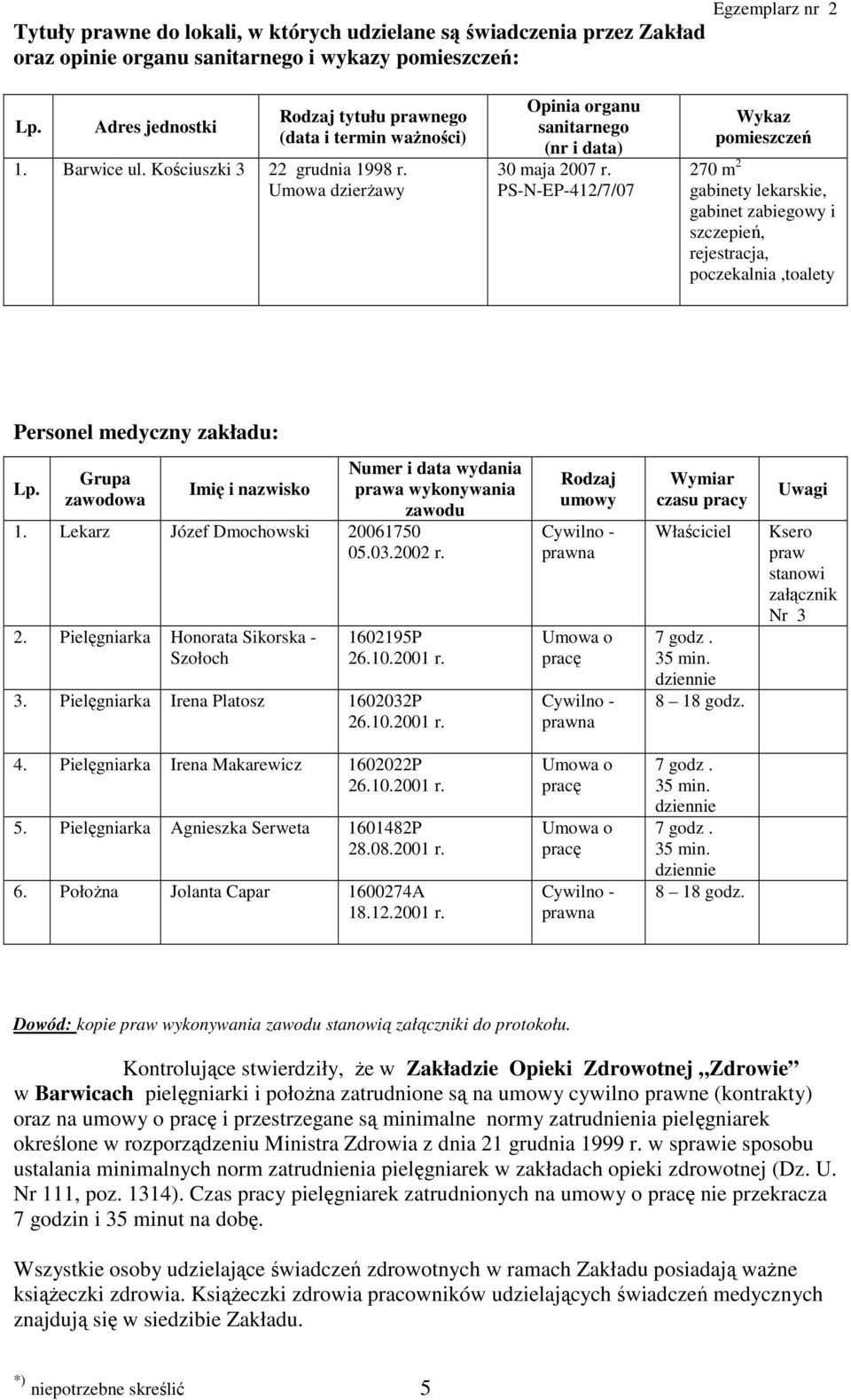 PS-N-EP-412/7/07 Wykaz pomieszczeń 270 m 2 gabinety lekarskie, gabinet zabiegowy i szczepień, rejestracja, poczekalnia,toalety Personel medyczny zakładu: Lp.