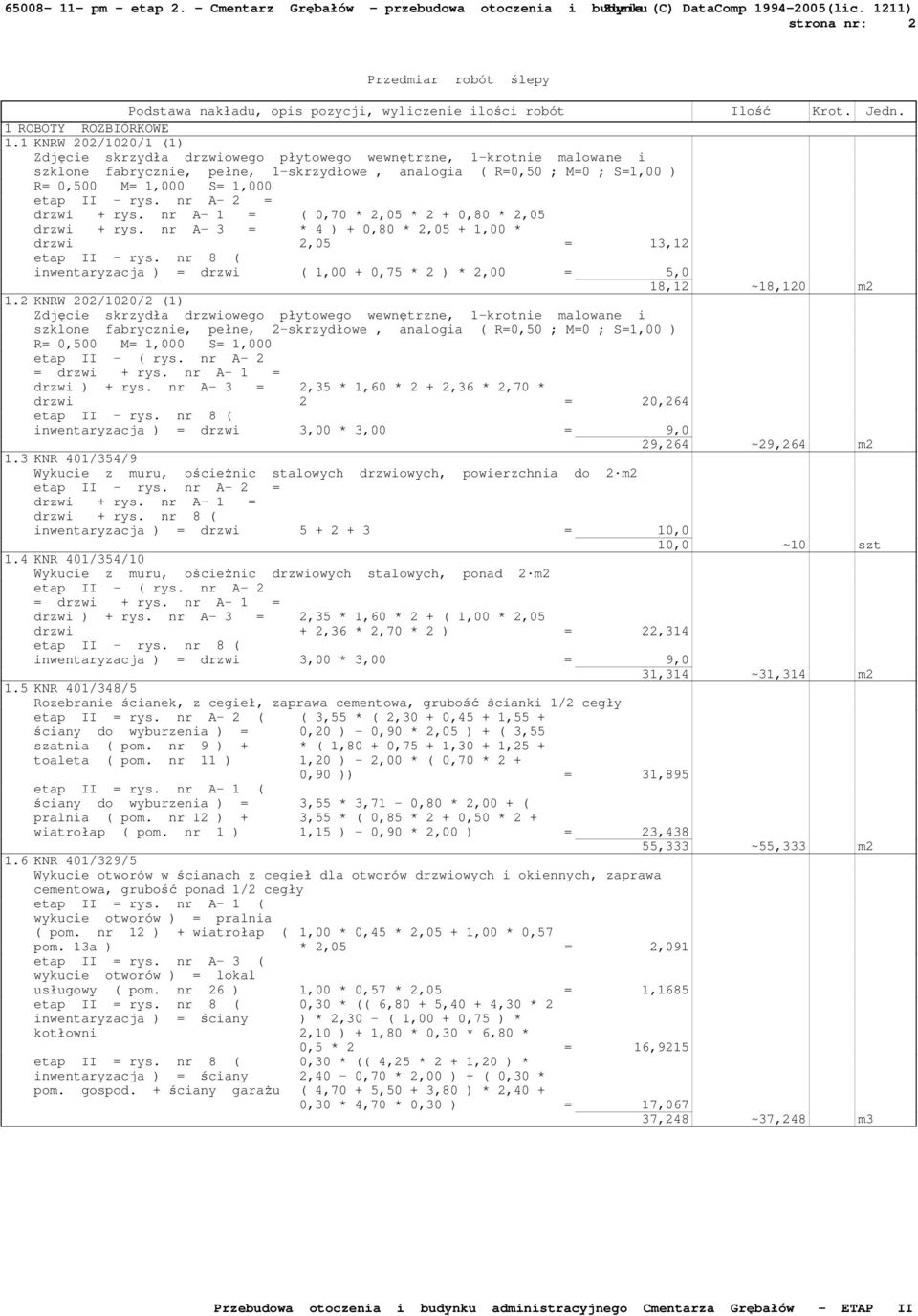 etap II - rys. nr A- 2 = drzwi + rys. nr A- 1 = drzwi + rys. nr A- 3 = drzwi ( 0,70 * 2,05 * 2 + 0,80 * 2,05 * 4 ) + 0,80 * 2,05 + 1,00 * 2,05 = 13,12 etap II - rys.