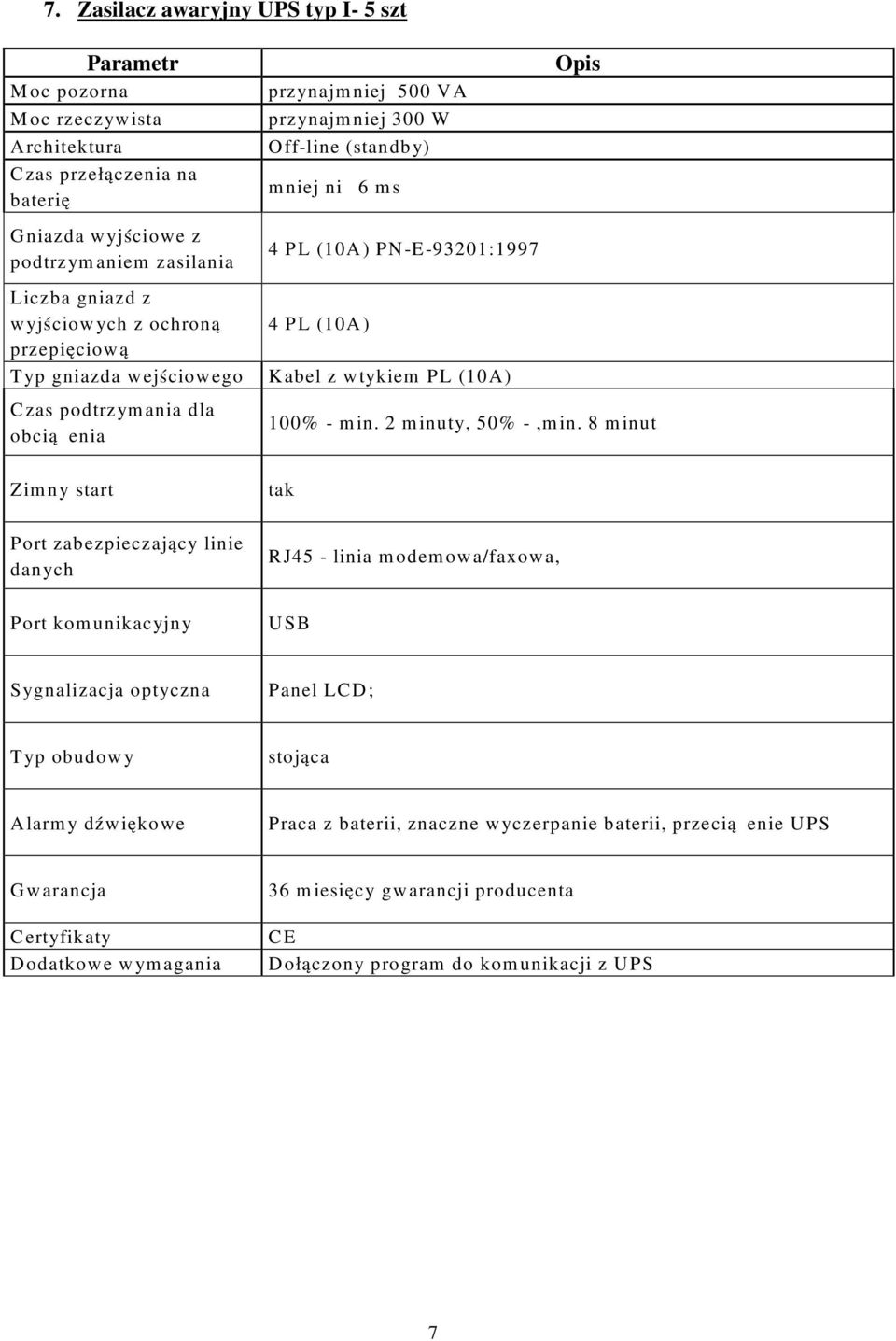 Off-line (standby) mniej niŝ 6 ms 4 PL (10A) PN-E-93201:1997 4 PL (10A) Kabel z wtykiem PL (10A) 100% - min. 2 minuty, 50% -,min.