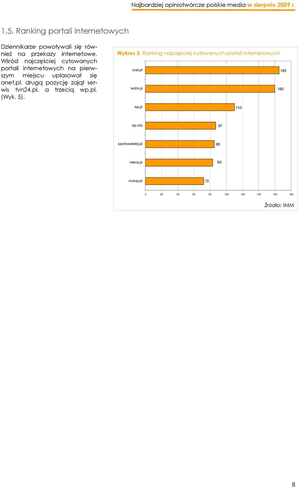 pl, drugą pozycję zajął serwis tvn24.pl, a trzecią wp.pl. (Wyk. 5). Wykres 5.