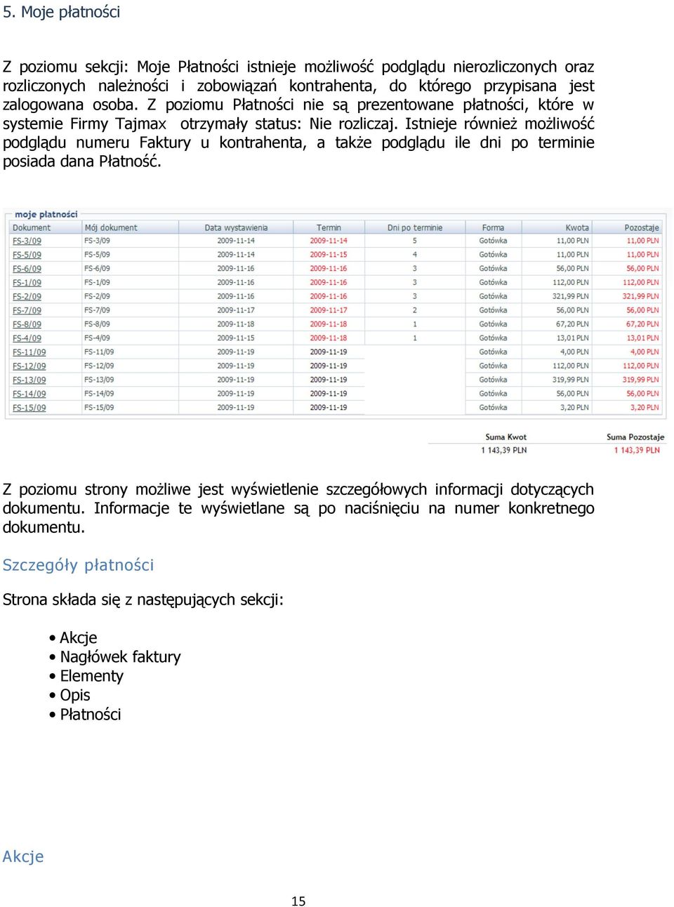 Istnieje również możliwość podglądu numeru Faktury u kontrahenta, a także podglądu ile dni po terminie posiada dana Płatność.