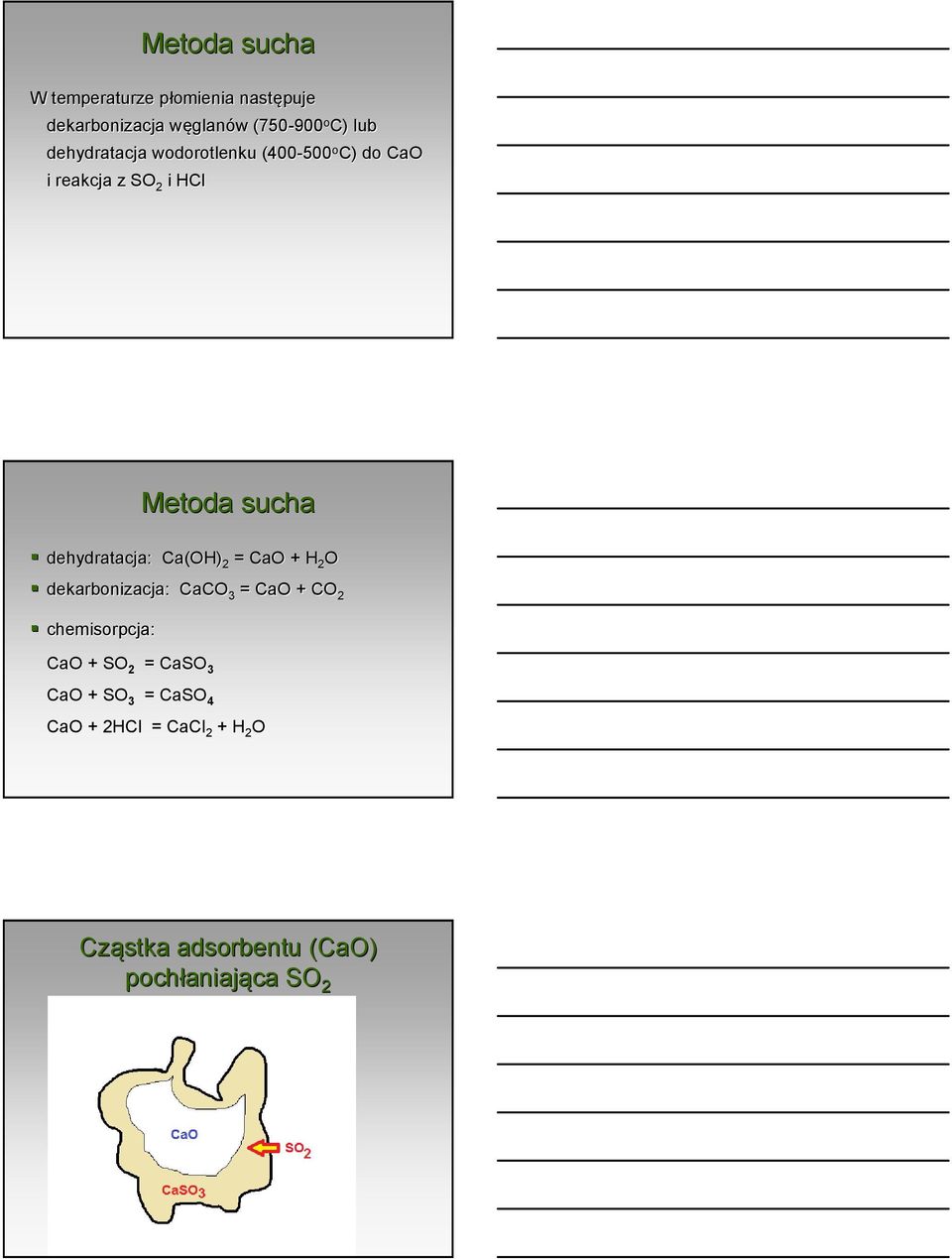 dehydratacja: Ca(OH) 2 = CaO + H 2 O dekarbonizacja: CaCO 3 = CaO + CO 2 chemisorpcja: CaO + SO 2