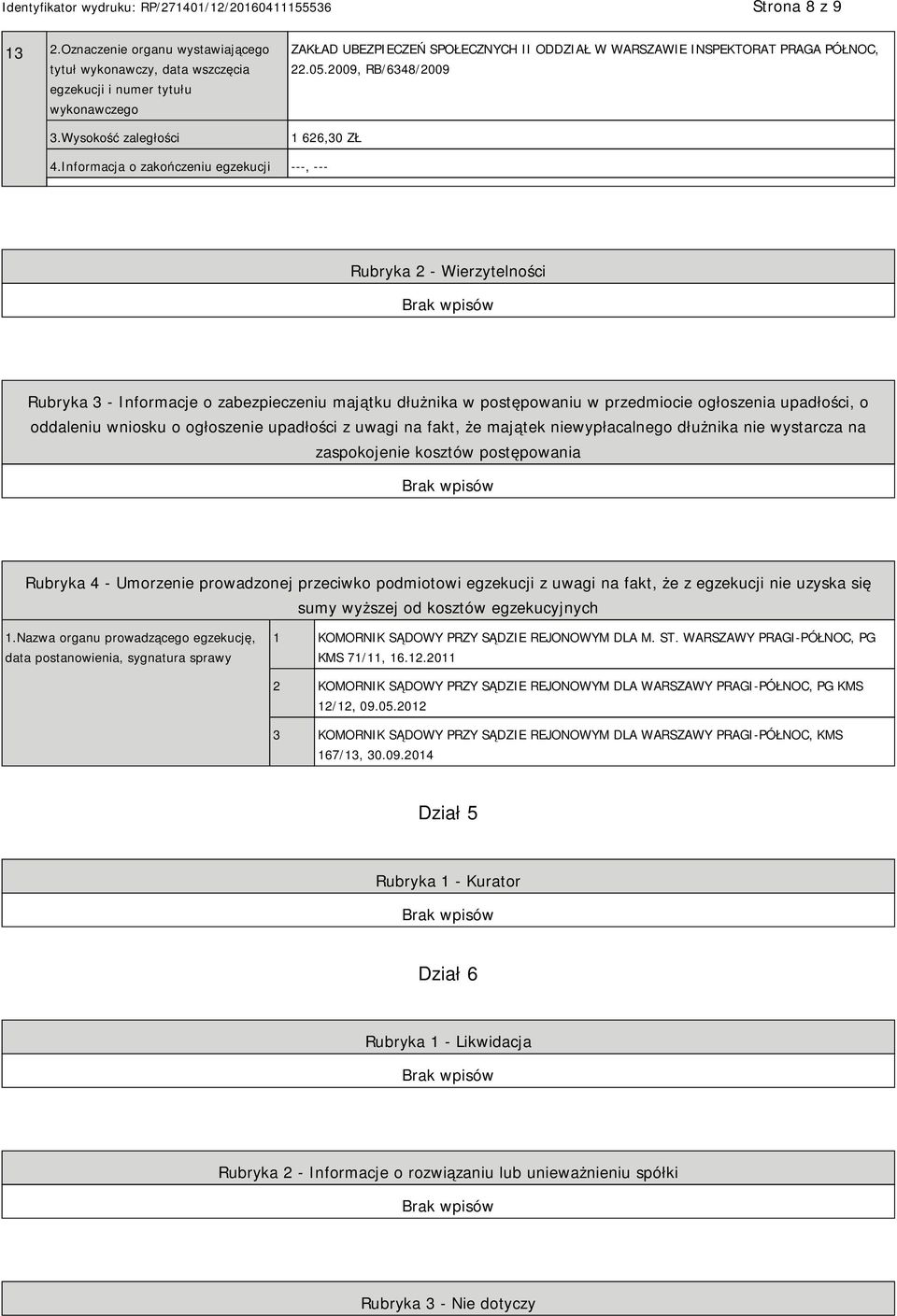 upadłości z uwagi na fakt, że majątek niewypłacalnego dłużnika nie wystarcza na zaspokojenie kosztów postępowania Rubryka 4 - Umorzenie prowadzonej przeciwko podmiotowi egzekucji z uwagi na fakt, że