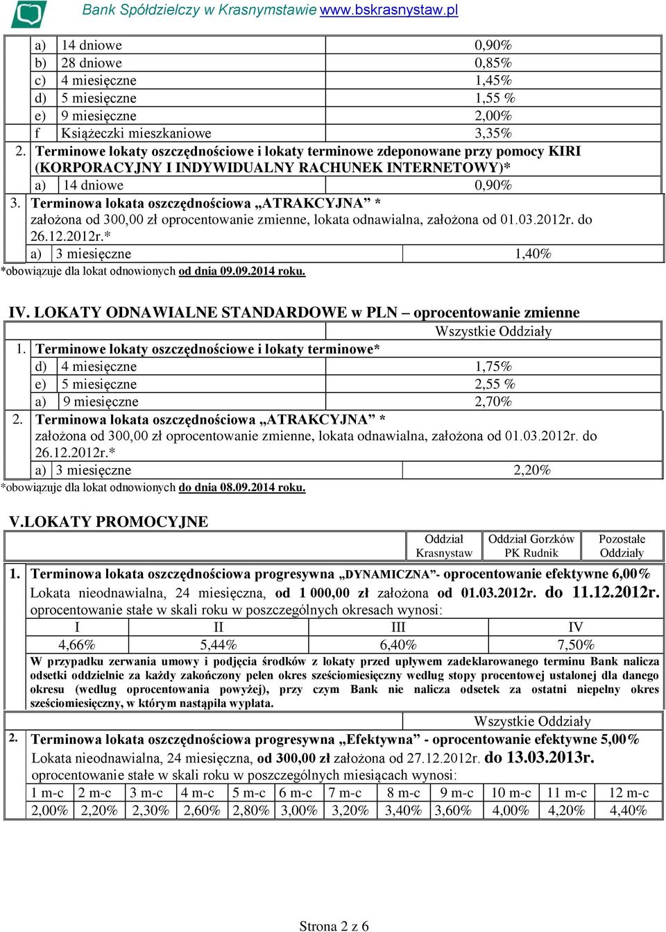 Terminowa lokata oszczędnościowa ATRAKCYJNA * założona od 300,00 zł oprocentowanie zmienne, lokata odnawialna, założona od 01.03.2012r.