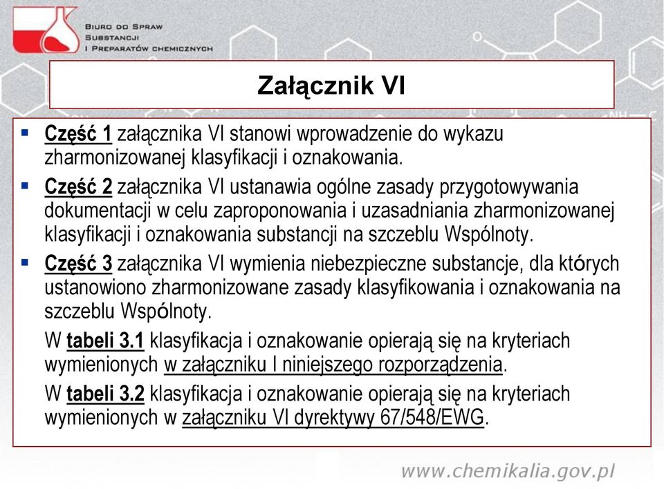 szczeblu Wspólnoty. Część 3 załącznika VI wymienia niebezpieczne substancje, dla których ustanowiono zharmonizowane zasady klasyfikowania i oznakowania na szczeblu Wspólnoty.