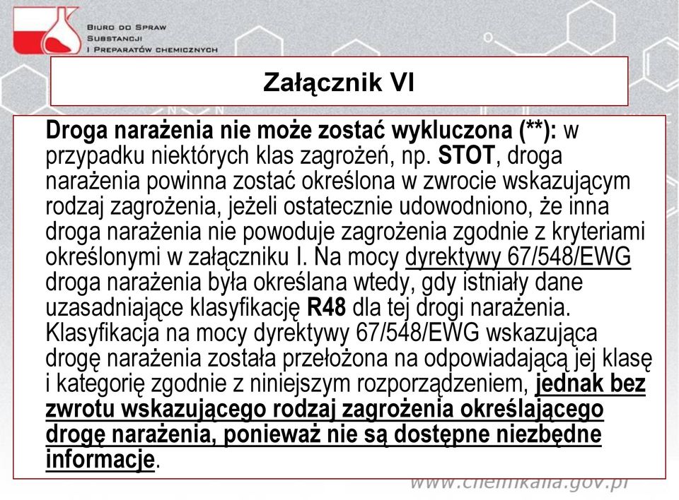 określonymi w załączniku I. Na mocy dyrektywy 67/548/EWG droga narażenia była określana wtedy, gdy istniały dane uzasadniające klasyfikację R48 dla tej drogi narażenia.