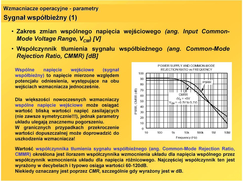 Common-Mode ejection atio, CMM) [db] Wspólne napięcie wejściowe (sygnał współbieżny) to napięcie mierzone względem potencjału odniesienia, występujące na obu wejściach wzmacniacza jednocześnie.