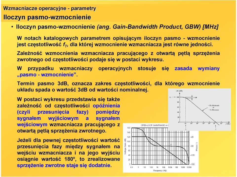 Zależność wzmocnienia wzmacniacza pracującego z otwartą pętlą sprzężenia zwrotnego od częstotliwości podaje się w postaci wykresu.