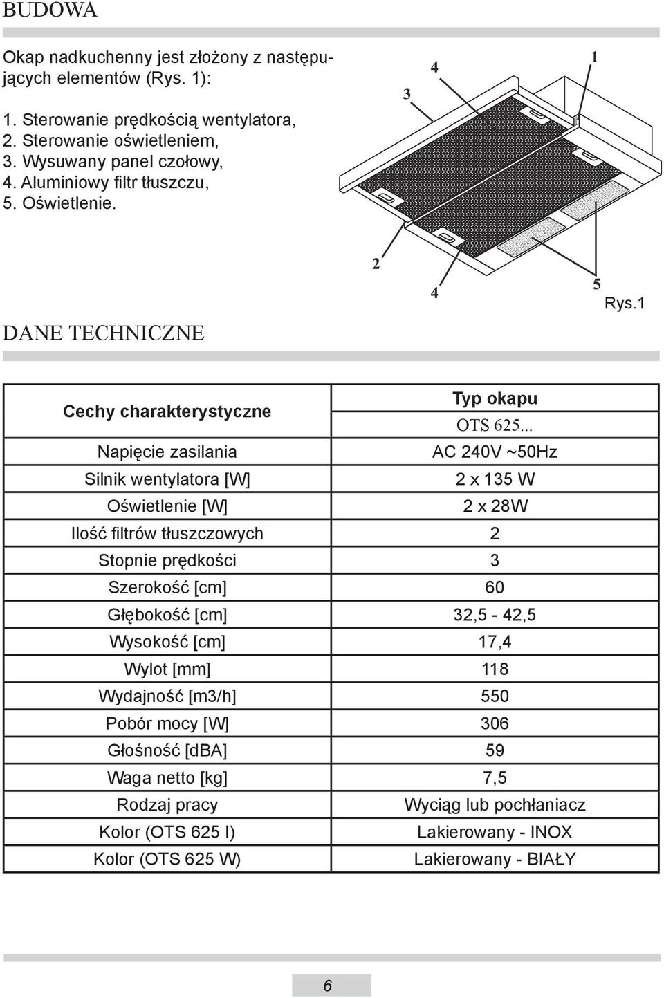 .. Napięcie zasilania AC 240V ~50Hz Silnik wentylatora [W] 2 x 135 W Oświetlenie [W] 2 x 28W Ilość filtrów tłuszczowych 2 Stopnie prędkości 3 Szerokość [cm] 60 Głębokość