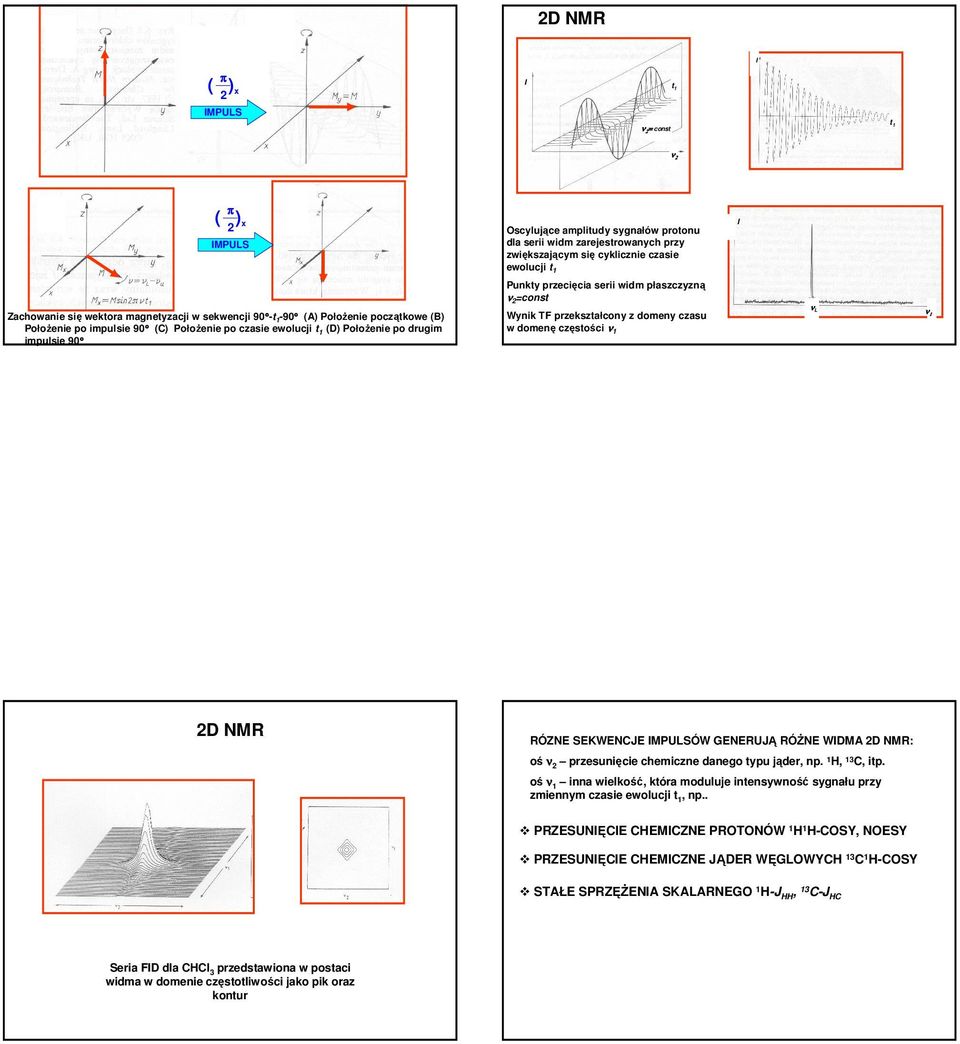 drugim impulsie 90 D NMR Wynik T przekształcony z domeny czasu w domenę częstości ν1 νl RÓZNE SEKWENJE IMPULSÓW GENERUJĄ RÓŻNE WIDMA D NMR: oś ν przesunięcie chemiczne danego typu jąder, np.