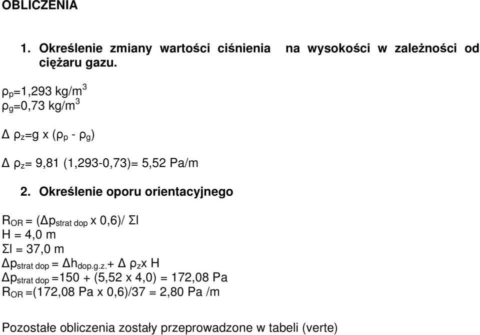 Określenie oporu orientacyjnego R OR = ( p strat dop x 0,6)/ Σl H = 4,0 m Σl = 37,0 m p strat dop = h dop.g.z.