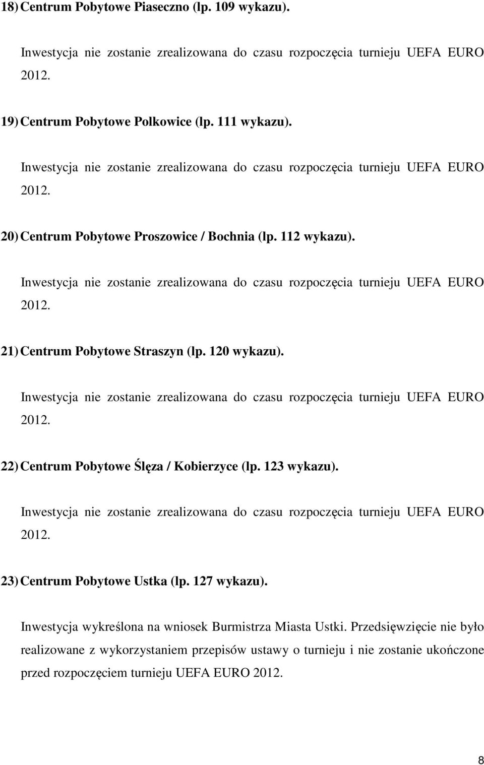 22) Centrum Pobytowe Ślęza / Kobierzyce (lp. 123 wykazu). 23) Centrum Pobytowe Ustka (lp. 127 wykazu).