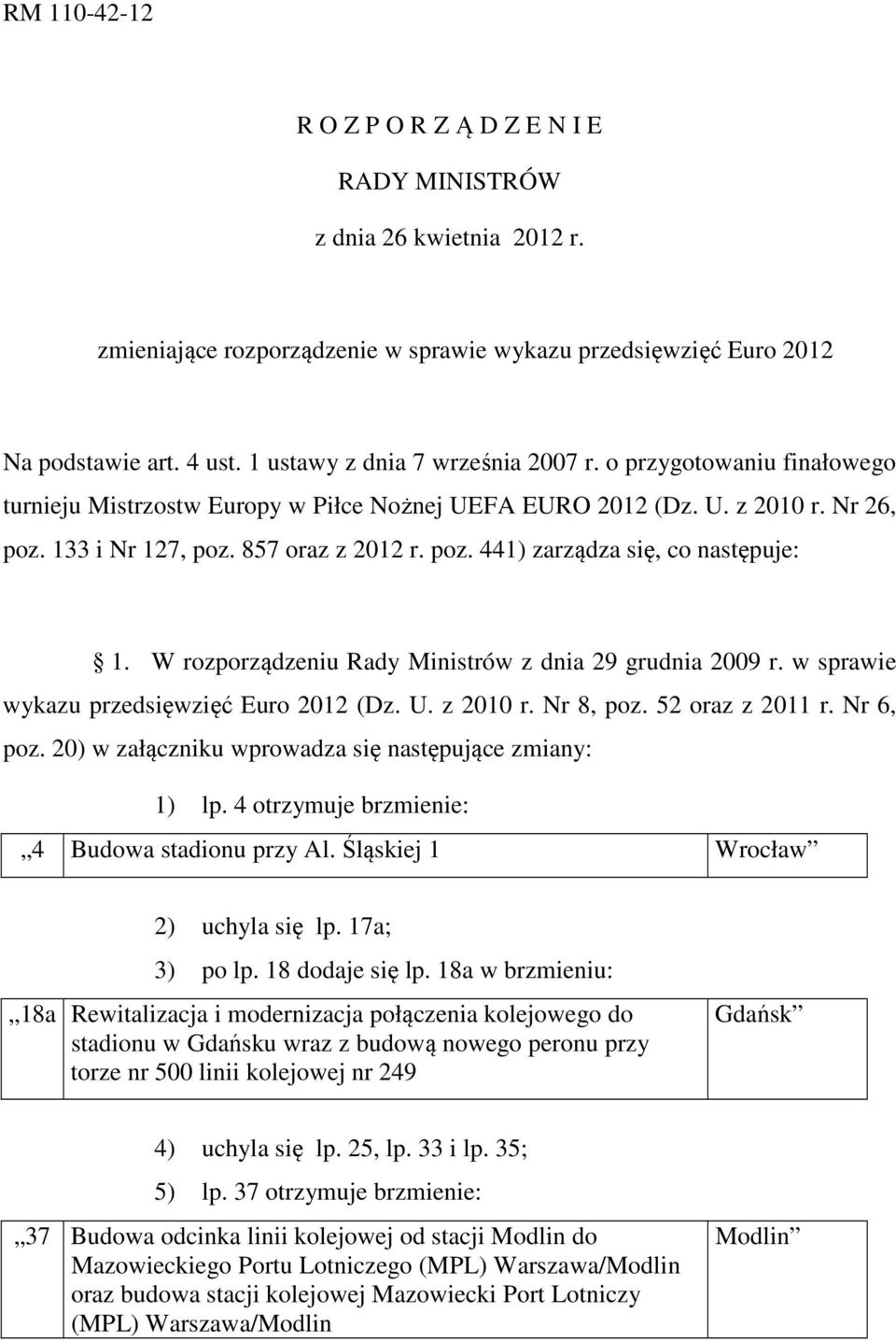 W rozporządzeniu Rady Ministrów z dnia 29 grudnia 2009 r. w sprawie wykazu przedsięwzięć Euro 2012 (Dz. U. z 2010 r. Nr 8, poz. 52 oraz z 2011 r. Nr 6, poz.