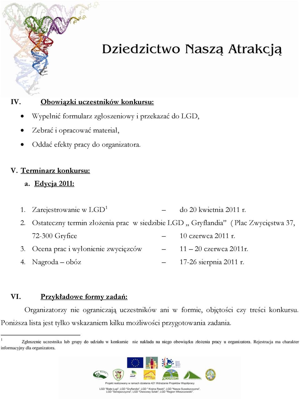 4. Nagroda obóz 17-26 sierpnia 2011 r. VI. Przykładowe formy zadań: Organizatorzy nie ograniczają uczestników ani w formie, objętości czy treści konkursu.