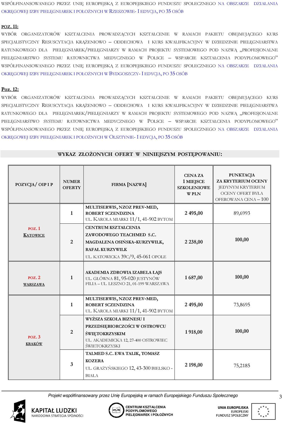 KAROLA MIARKI /, -90 BYTOM CENA ZA MIEJSCE SZKOLENIOWE W PLN PUNKTACJA ZA KRYTERIUM OCENY JEDYNYM KRYTERIUM OCENY OFERT BYŁA OFEROWANA CENA 00 9,00 89,699 POZ. KATOWICE UL.