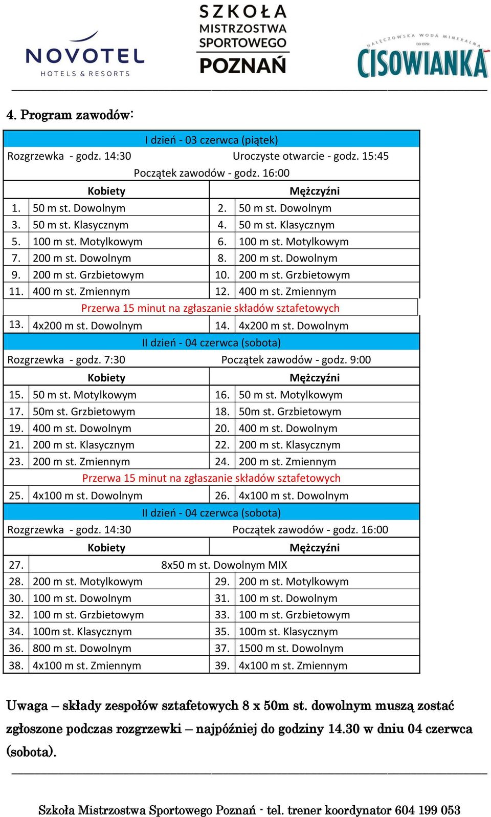 Zmiennym 12. 400 m st. Zmiennym Przerwa 15 minut na zgłaszanie składów sztafetowych 13. 4x200 m st. Dowolnym 14. 4x200 m st. Dowolnym II dzień - 04 czerwca (sobota) Rozgrzewka - godz.