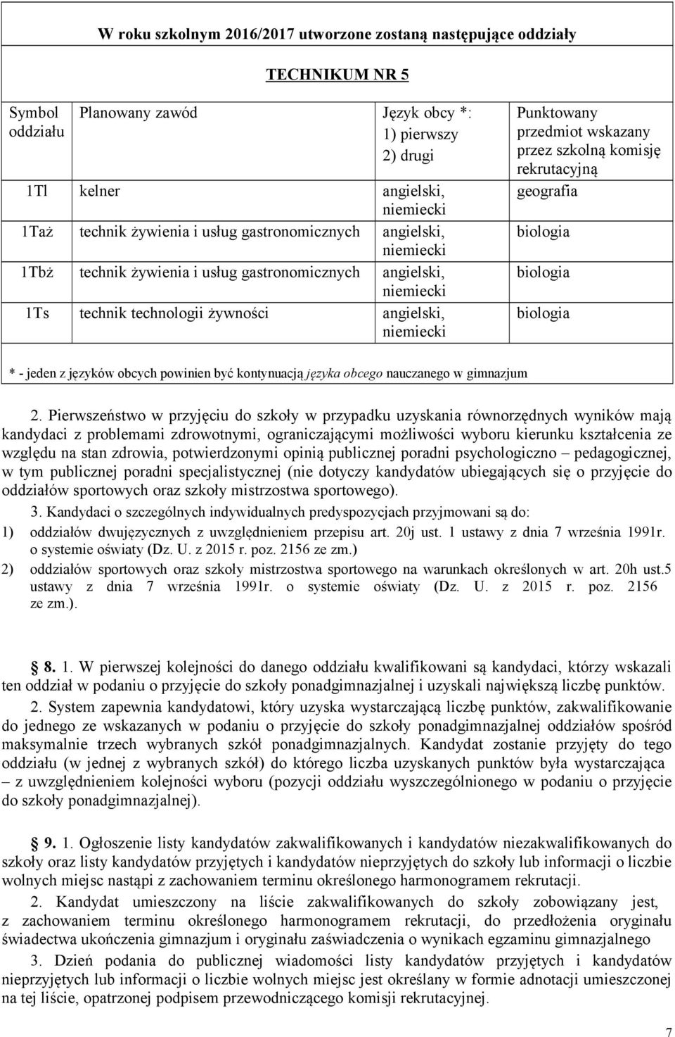 wskazany przez szkolną komisję rekrutacyjną geografia biologia biologia biologia * - jeden z języków obcych powinien być kontynuacją języka obcego nauczanego w gimnazjum 2.