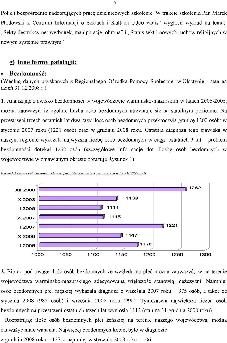 religijnych w nowym systemie prawnym g) inne formy patologii: Bezdomność: (Według danych uzyskanych z Regionalnego Ośrodka Pomocy Społecznej w Olsztynie - stan na dzień 31.12.2008 r.) 1.