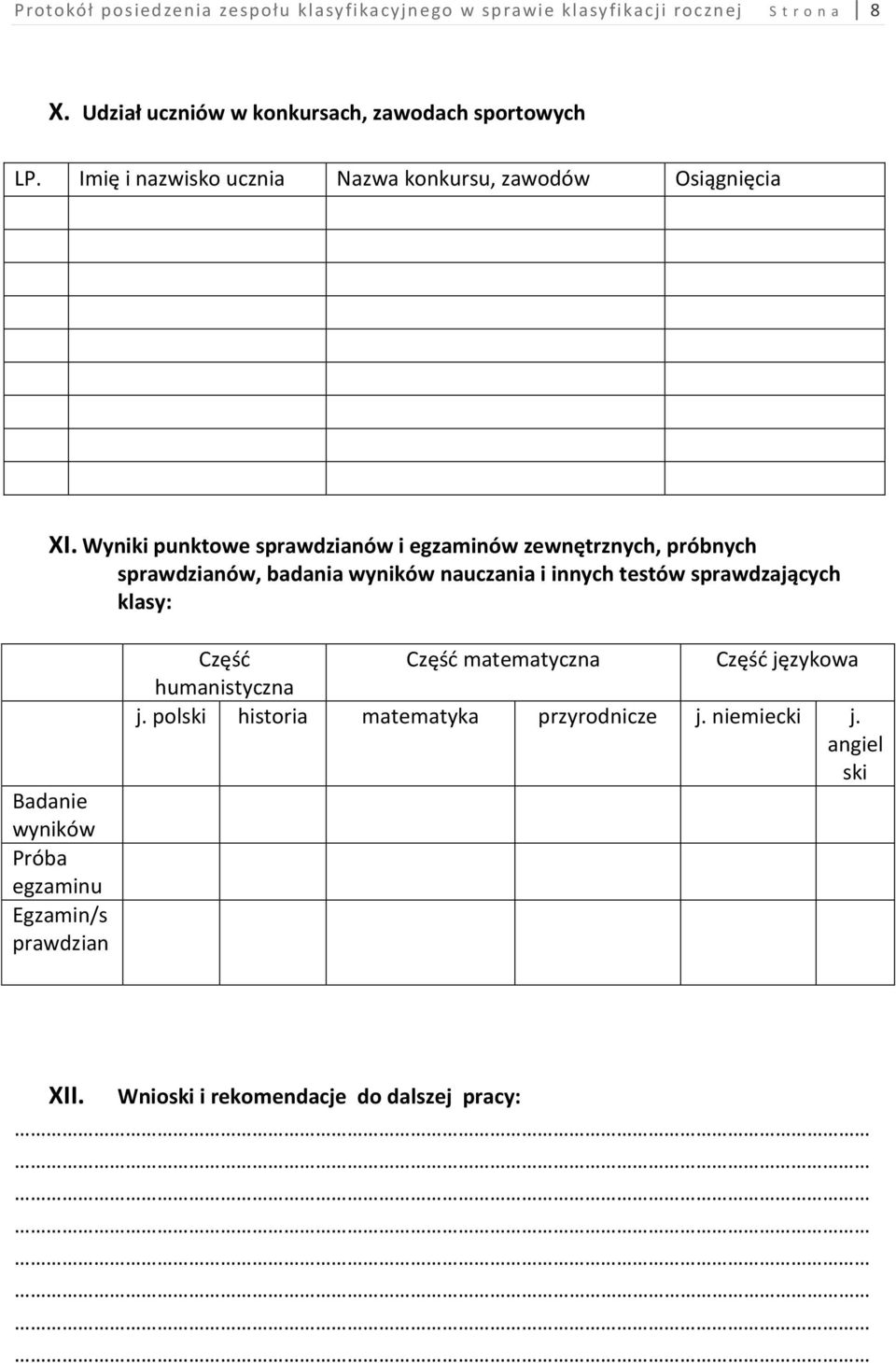 Wyniki punktowe sprawdzianów i egzaminów zewnętrznych, próbnych sprawdzianów, badania wyników nauczania i innych testów sprawdzających klasy: