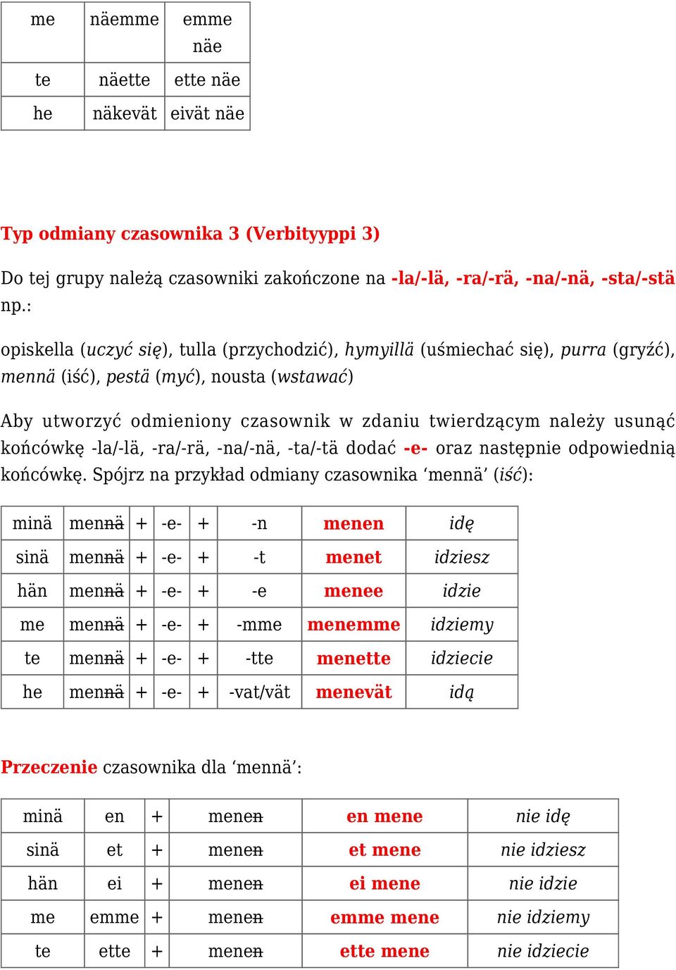 końcówkę -la/-lä, -ra/-rä, -na/-nä, -ta/-tä dodać -e- oraz następnie odpowiednią końcówkę.