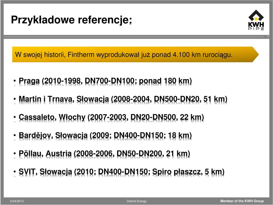 km) Cassaleto, Włochy (2007-2003, DN20-DN500, 22 km) Bardějov, Słowacja (2009; DN400-DN150; 18 km)