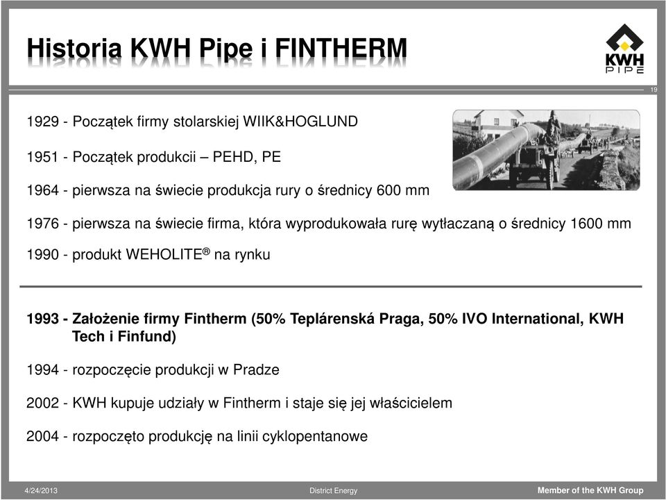 produkt WEHOLITE na rynku 1993 - Założenie firmy Fintherm (50% Teplárenská Praga, 50% IVO International, KWH Tech i Finfund) 1994 -