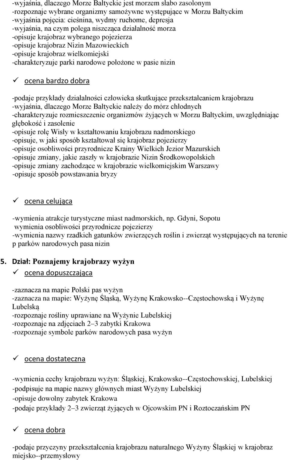 pasie nizin -podaje przykłady działalności człowieka skutkujące przekształcaniem krajobrazu -wyjaśnia, dlaczego Morze Bałtyckie należy do mórz chłodnych -charakteryzuje rozmieszczenie organizmów