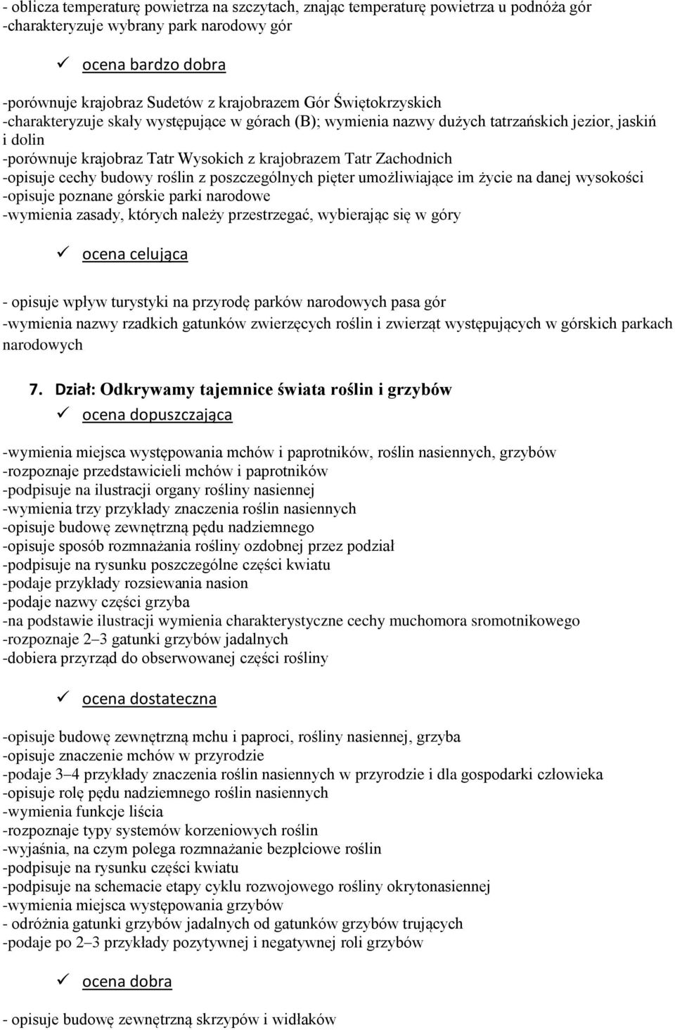 z poszczególnych pięter umożliwiające im życie na danej wysokości -opisuje poznane górskie parki narodowe -wymienia zasady, których należy przestrzegać, wybierając się w góry - opisuje wpływ