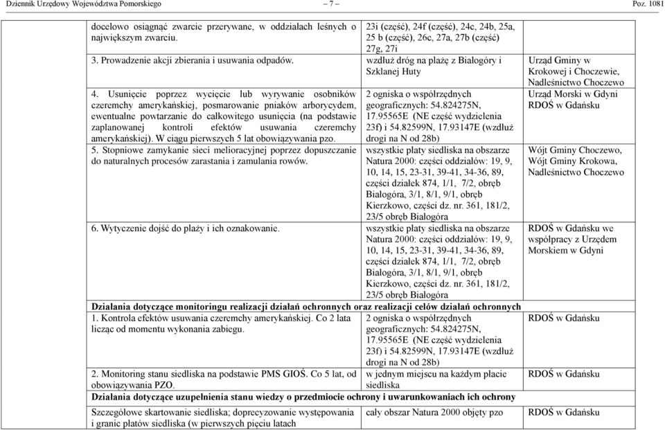 Usunięcie poprzez wycięcie lub wyrywanie osobników czeremchy amerykańskiej, posmarowanie pniaków arborycydem, ewentualne powtarzanie do całkowitego usunięcia (na podstawie zaplanowanej kontroli